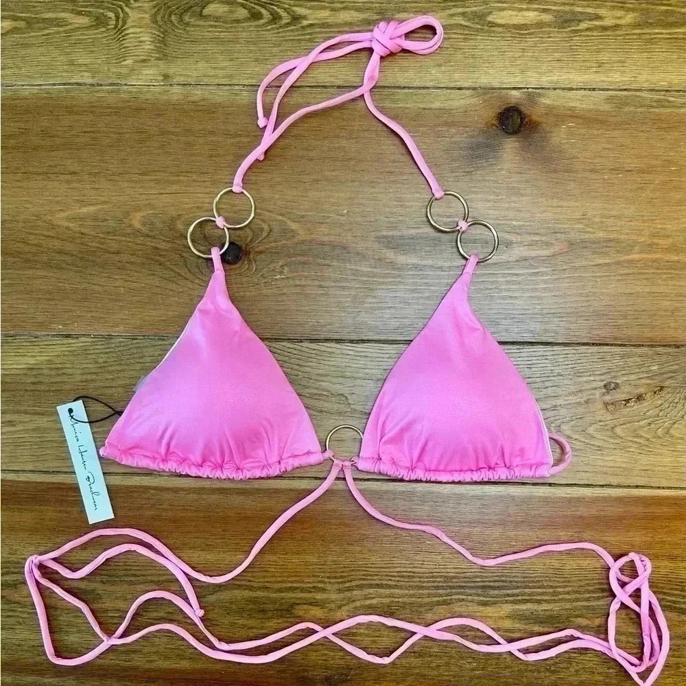 Monica Hansen Beachwear "Icon" Top with Rings - Sparkle Pink | Large